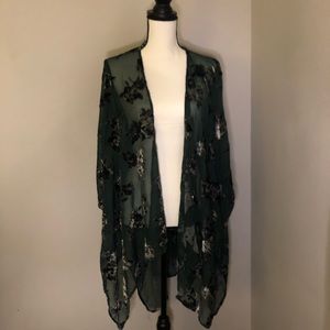 Tilly’s teal velvet floral kimono